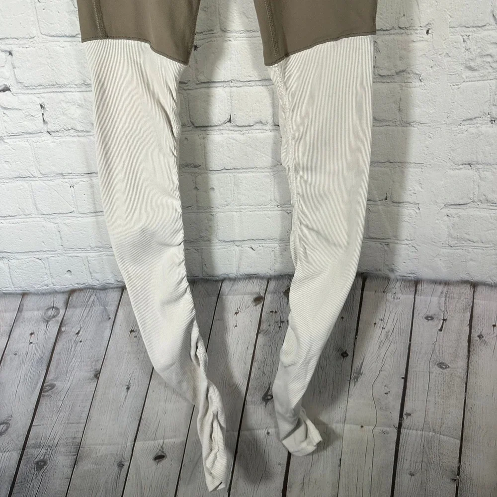 Alo Yoga Goddess Leggings Taupe Brown Ivory Ribbed High Waist XS W5432R